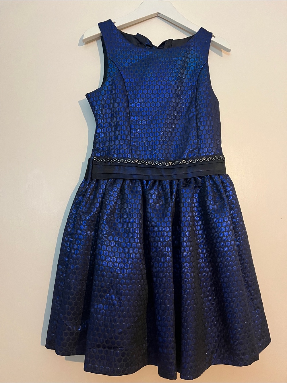 iris & ivy Navy Blue Textured Party Dress with Beaded Waistband